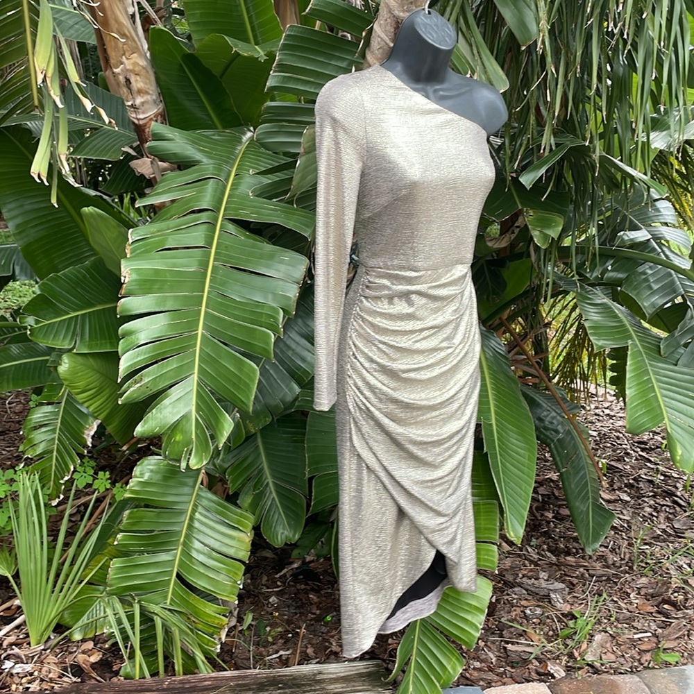 Aidan Mattox silver champagne, metallic single shoulder, asymmetric dress